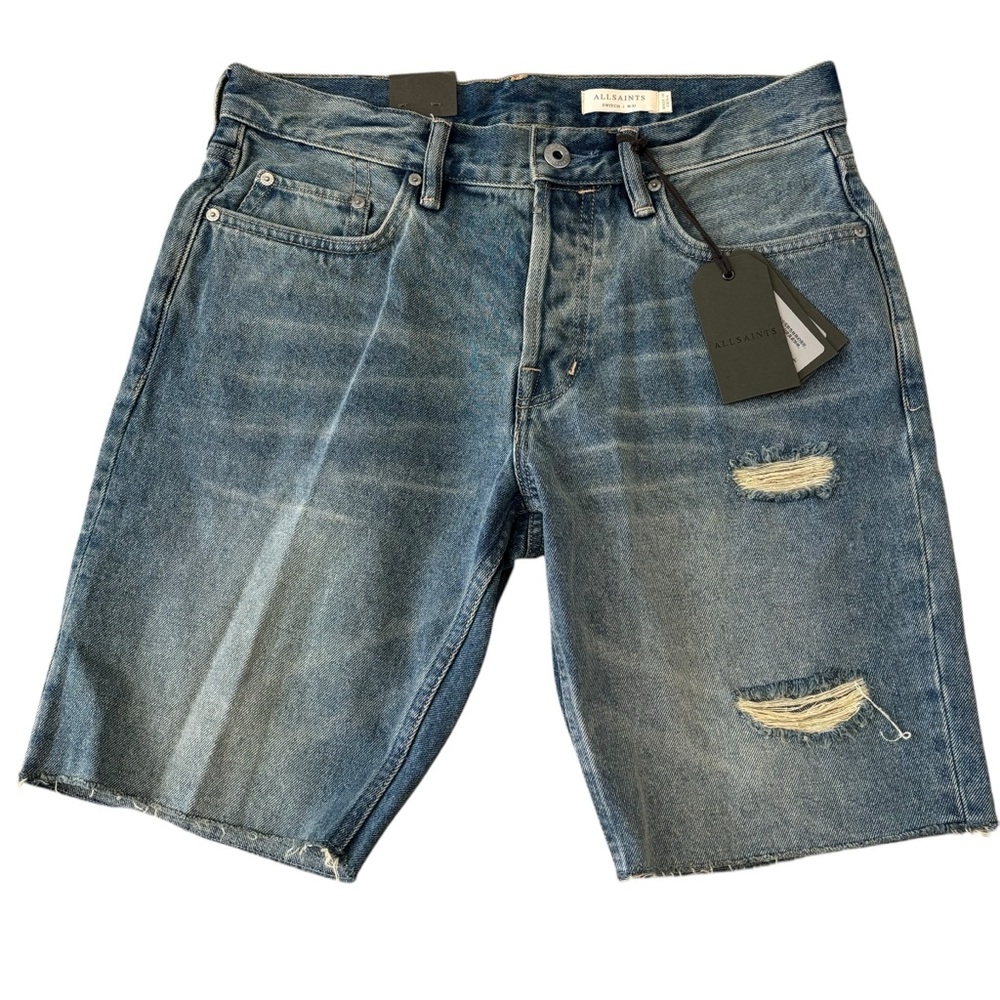 AllSaints Switch Skinny Distressed Shorts - Dirty Indigo